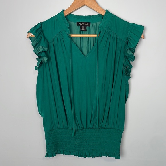 Rachel Zoe Tops - Rachel Zoe Short Ruffle Sleeve Emerald Green Blouse Size Medium